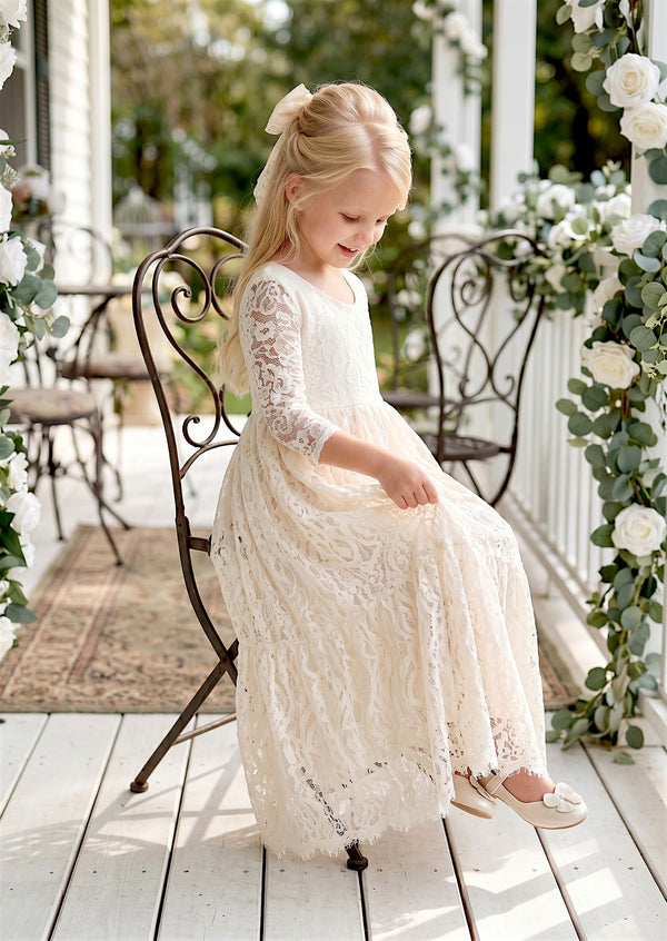 Long lace girls dress ivory for weddings