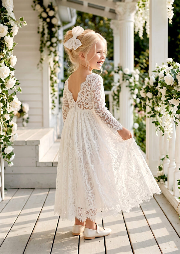 Long Sleeve Ivory lace flower girl dress
