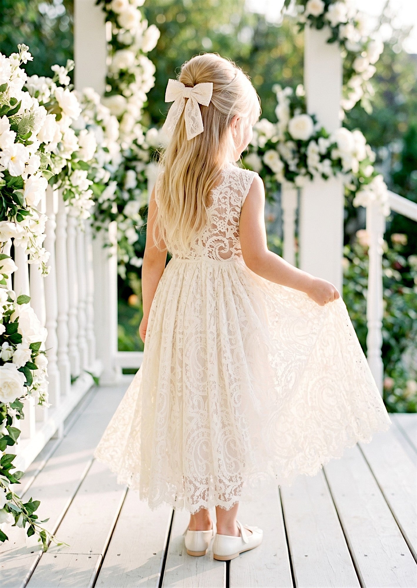 ankle length lace flower girl dress in ivory