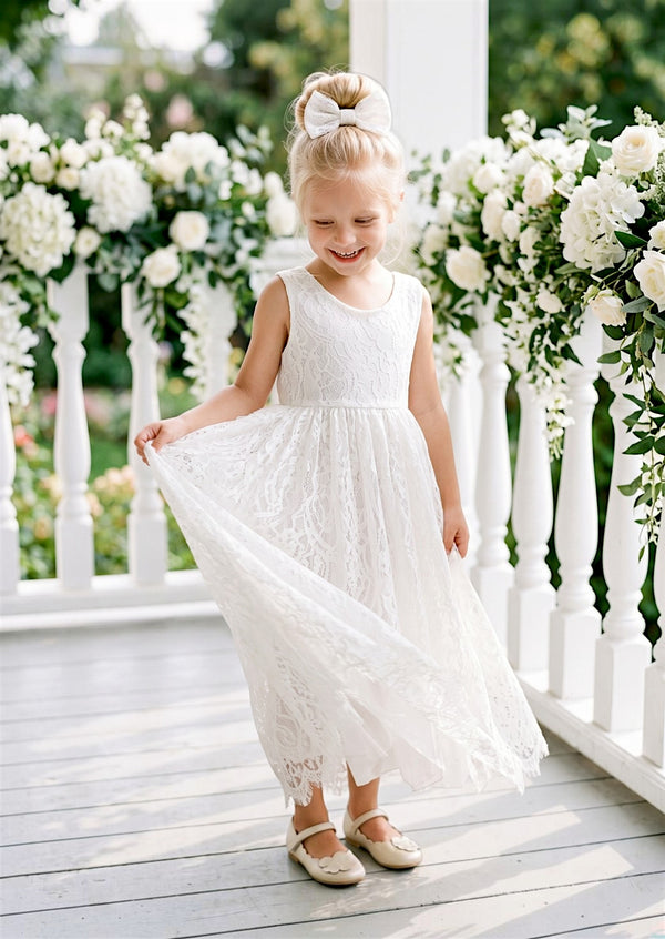 White lace sleeveless flower girl dress