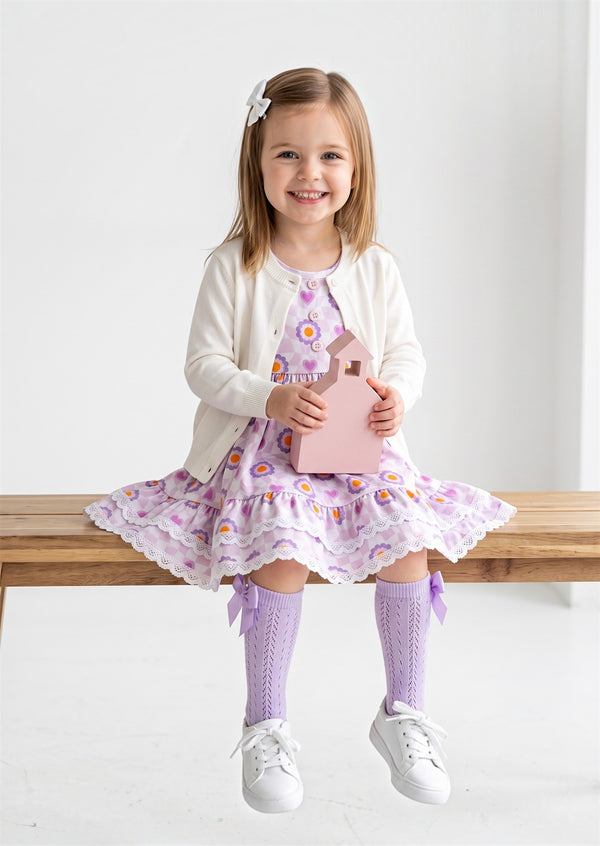 Girls Lavender Retro Hearts Twirl Dress - Twirl Dresses with White Cardigan Sweater