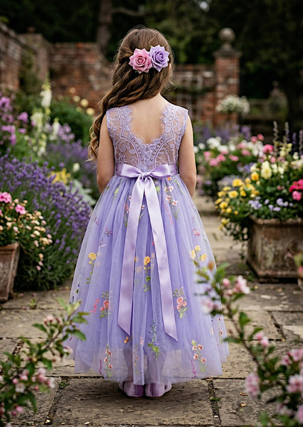 Lavender Floral Flower Girl Dress with Lace Back & Tulle Skirt