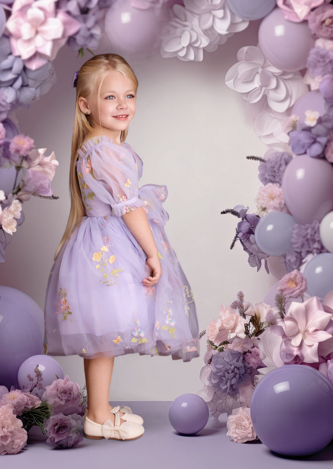 Wisteria Blooms Girls Fairy Floral Embroidered Tulle Party Dress