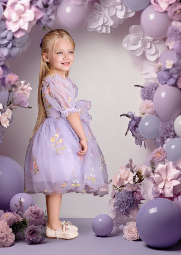 Wisteria Blooms Girls Fairy Floral Embroidered Tulle Party Dress