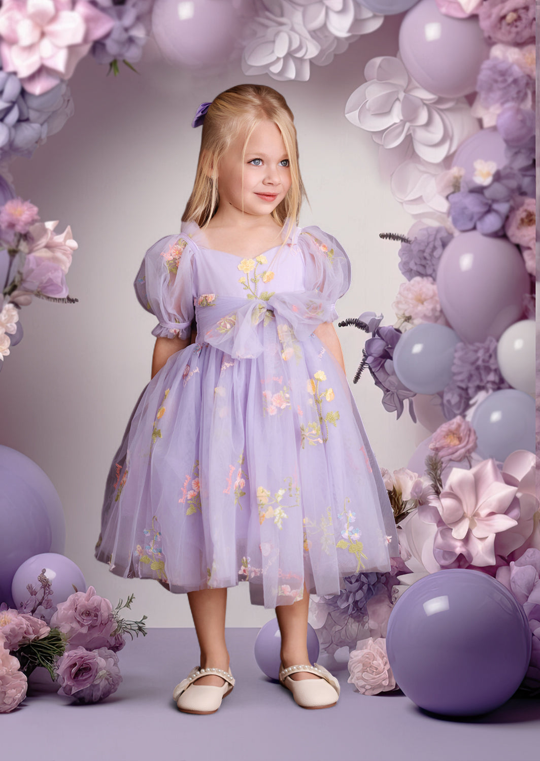 Wisteria Blooms Girls Fairy Floral Embroidered Tulle Party Dress