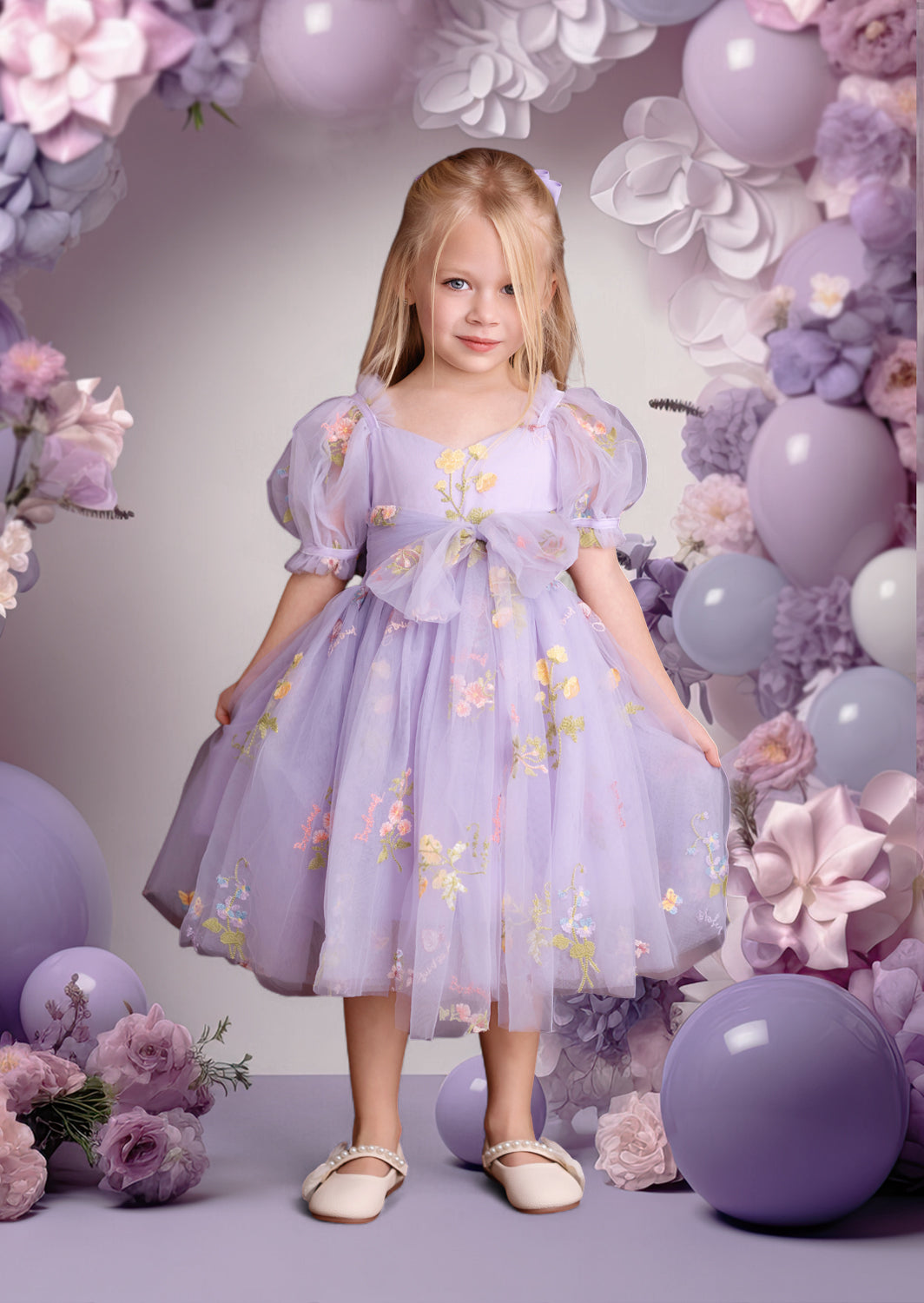 Wisteria Blooms Girls Fairy Floral Embroidered Tulle Party Dress