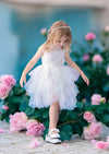 Layered Tulle Dress in White with Flower Sash - 