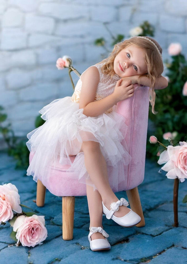Layered Tulle Dress in White with Flower Sash - 