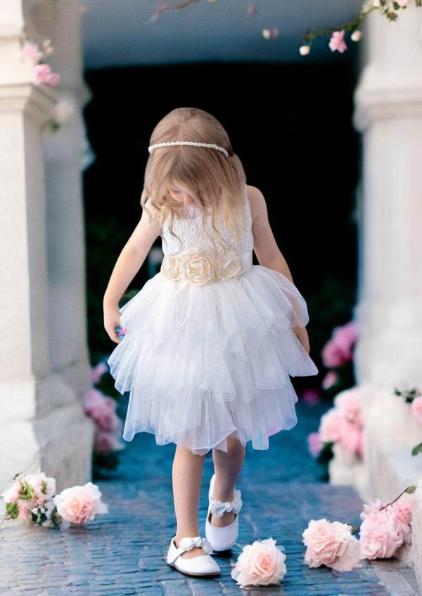 Layered Tulle Dress in White with Flower Sash - 