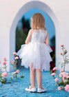 Layered Tulle Dress in White with Flower Sash - 