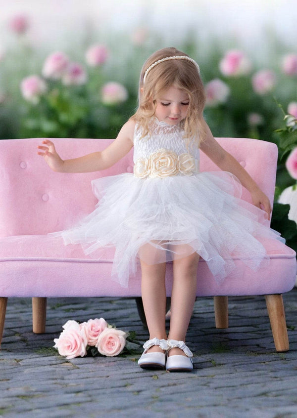 Layered Tulle Dress in White with Flower Sash - 