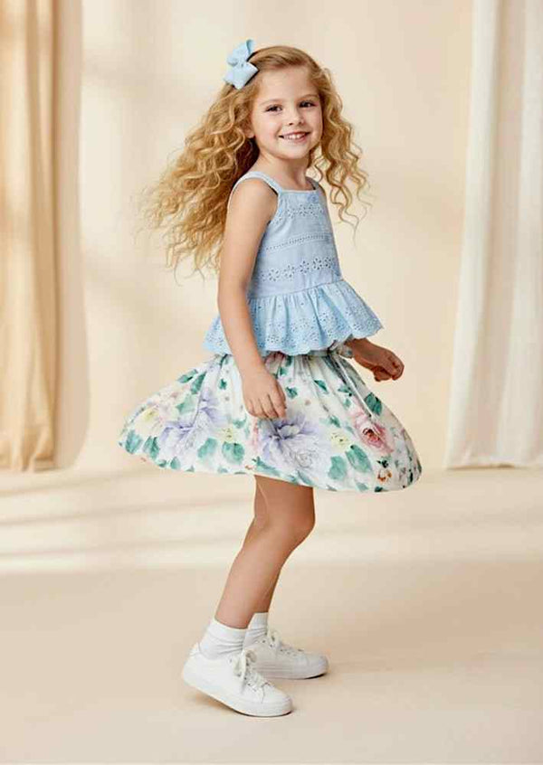 Light Blue Eyelet Top & Pastel Floral Skirt Set - 