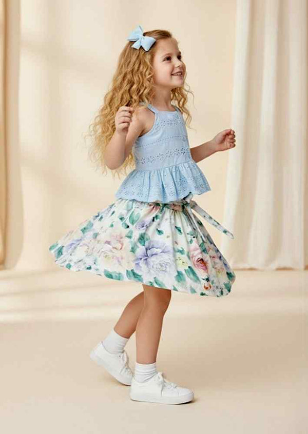 Light Blue Eyelet Top & Pastel Floral Skirt Set - 