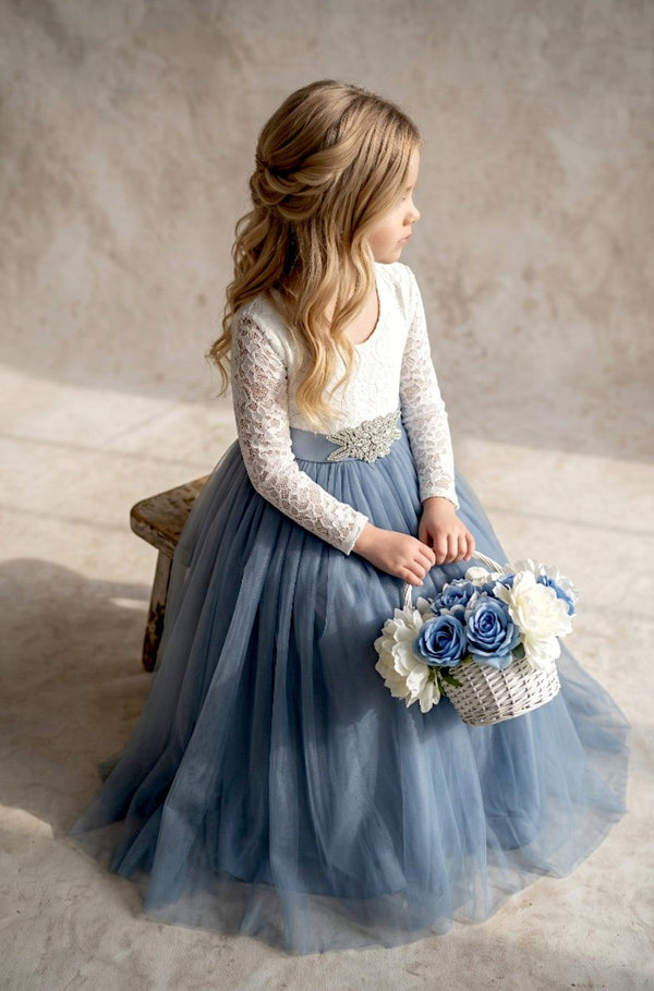 Long Sleeve Tulle Flower Girl Dress with Feathered Lace V - Back - 