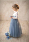 Long Sleeve Tulle Flower Girl Dress with Feathered Lace V - Back - 