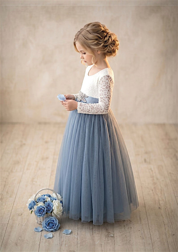 Long Sleeve Tulle Flower Girl Dress with Feathered Lace V - Back - 