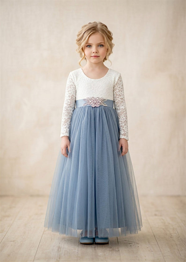 Long Sleeve Tulle Flower Girl Dress with Feathered Lace V - Back - 