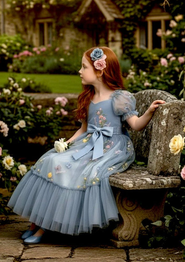 Loralei - Blue Custom Floral Tulle Flower Girl Dress with Bow| Made to Order - 