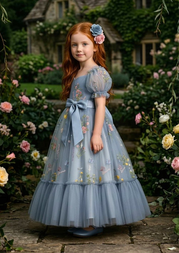 Loralei - Blue Custom Floral Tulle Flower Girl Dress with Bow| Made to Order - 