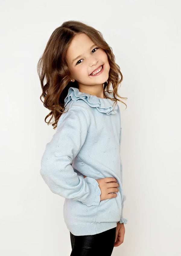 Luxury Handknit Double Ruffle Sweater in Light Blue - 