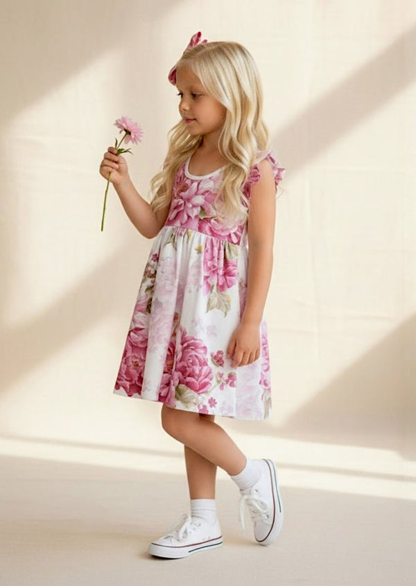 Girls 100% Cotton Magenta Floral Dress