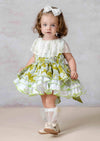 Mariah Classic Floral vintage olive-green girls dress with gathered layered skirt and high-quality cotton fabric