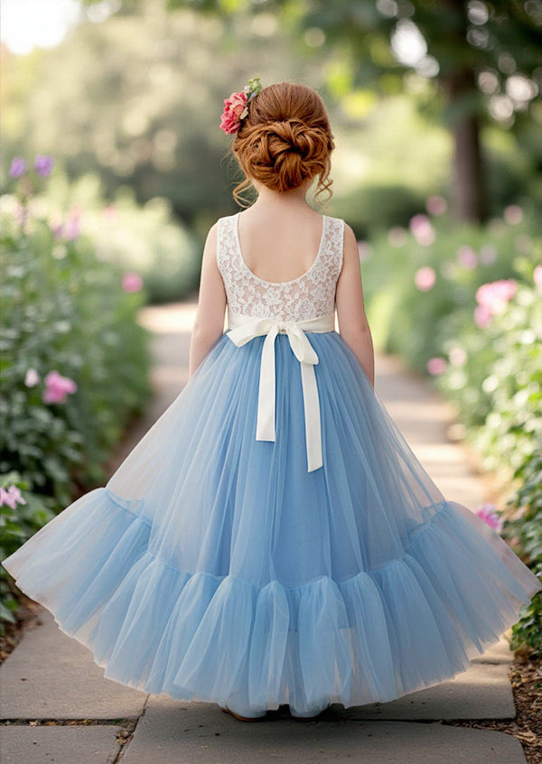 Mermaid Boho Tulle Flower Girl Dress Sleeveless Dusty Blue - 