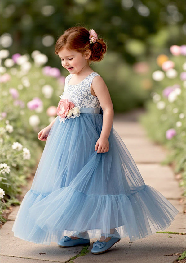 Mermaid Boho Tulle Flower Girl Dress Sleeveless Dusty Blue - 