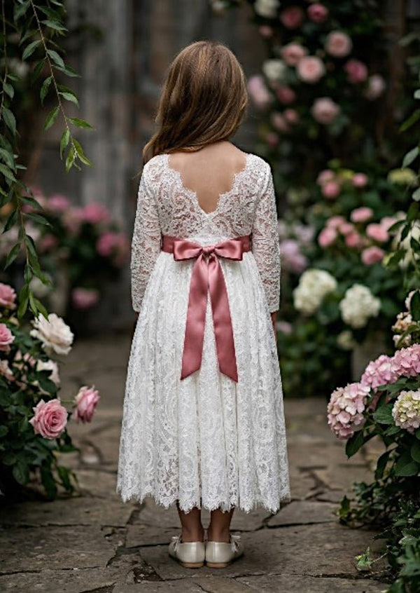 Modern Elegant Lace Flower Girl Dress White - 