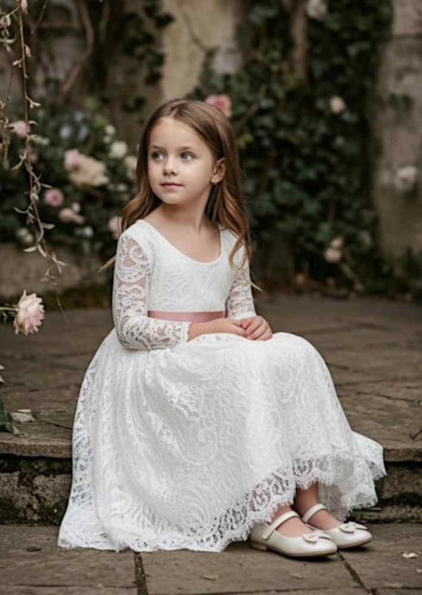 Lora Long Sleeve White Lace Flower Girl Dress | Elegant & Timeless Lora Long Sleeve White Lace Flower Girl Dress | Elegant & Timeless