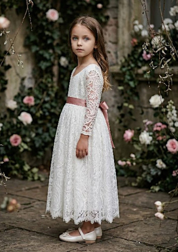 Modern Elegant Lace Flower Girl Dress White - 