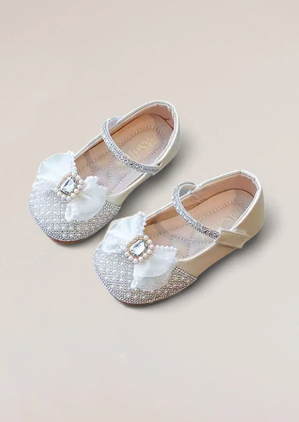 Nala Crystal Bow Flower Girl Flats in Beige - 