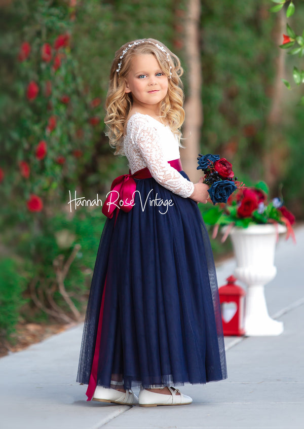 navy flower girl dress with sleeves