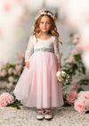 Light pink flower girl dress with blue sash