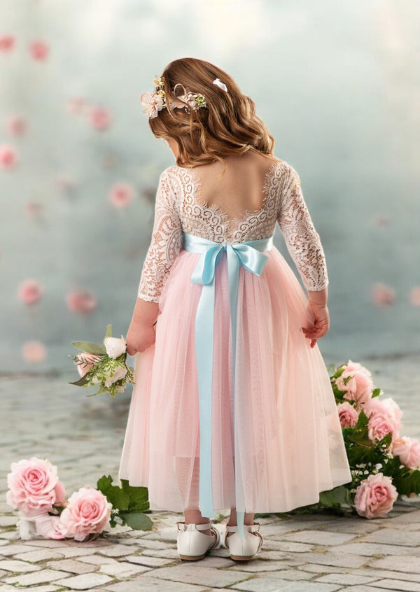 pink tulle and lace flower girl dresses with sleeves for toddlers for weddings