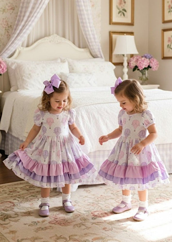 Pastel Hot Air Balloons Twirl Dress Pink Lavender - 