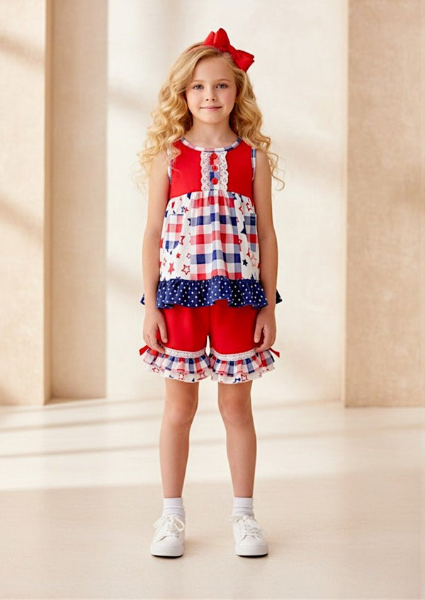 Patriotic Red, White & Blue Ruffle Top & Shorts Set - 