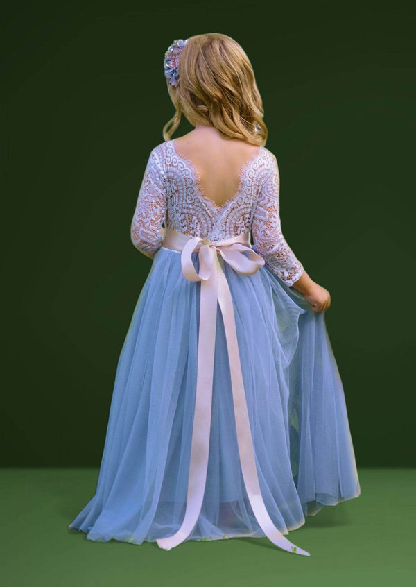 Periwinkle Gown with Feathered Lace Back Periwinkle Gown with Feathered Lace Back