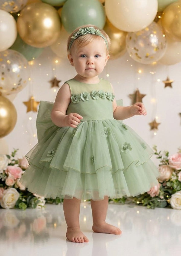 Petit Flowers Birthday Dress Avocado Green - 