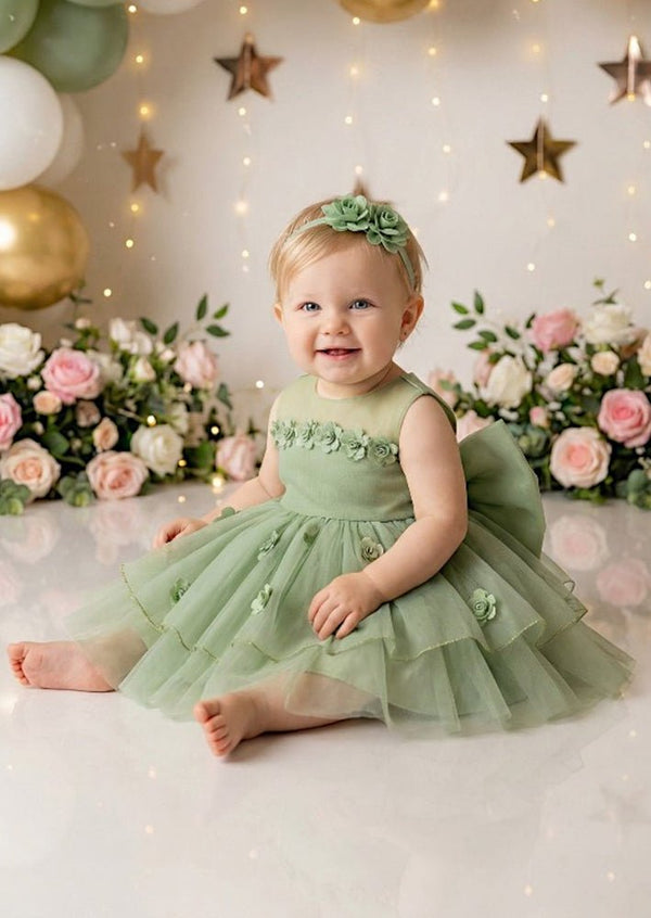 Petit Flowers Birthday Dress Avocado Green - 