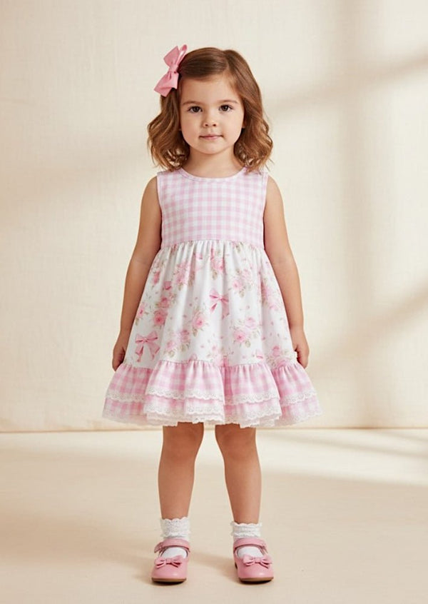 Pink Gingham & Floral with Lace Dress - 