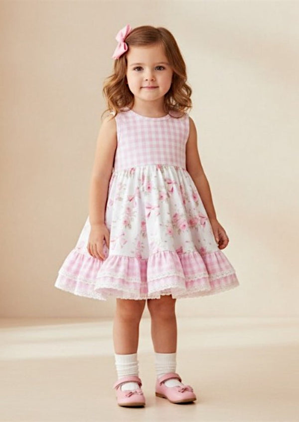 Pink Gingham & Floral with Lace Dress - 