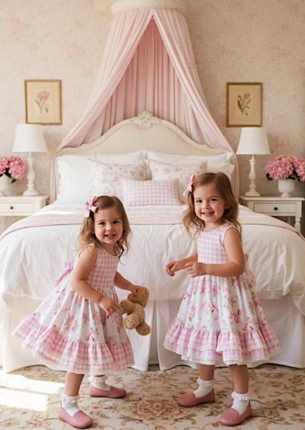 Pink Gingham & Floral with Lace Dress - 