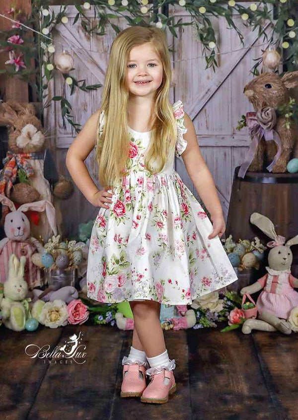 Pink Roses Cotton Dress with Ruffle Shoulder Ties - 