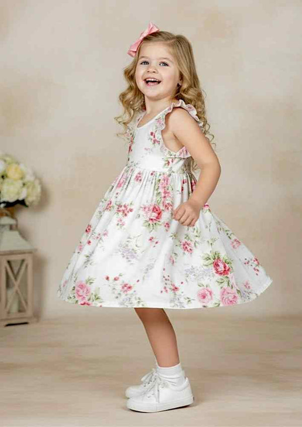 Pink Roses Cotton Dress with Ruffle Shoulder Ties - 