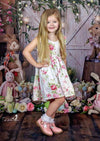 Pink Roses Cotton Dress with Ruffle Shoulder Ties - 