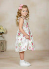 Pink Roses Cotton Dress with Ruffle Shoulder Ties - 