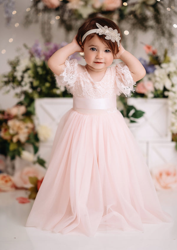 Pink Baby Toddler Girls Flower Girl Dress Boho Rustic Outfit for Cake Smash & Birthday