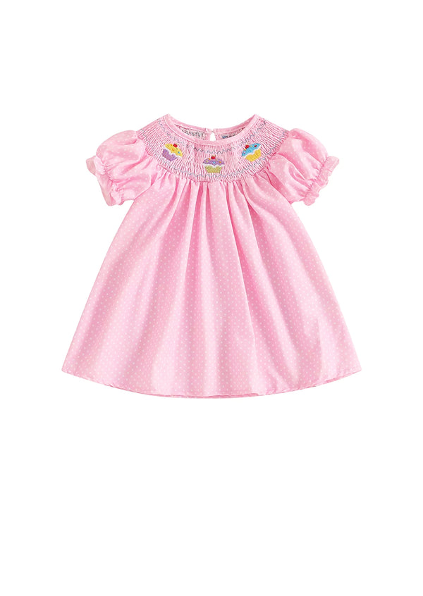 Pink Dots Cupcakes Smocked Baby Dress