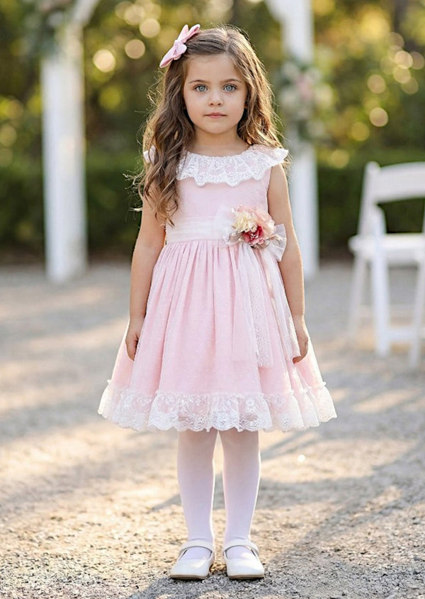 pink dotted Swiss knee length flower girl dress front view